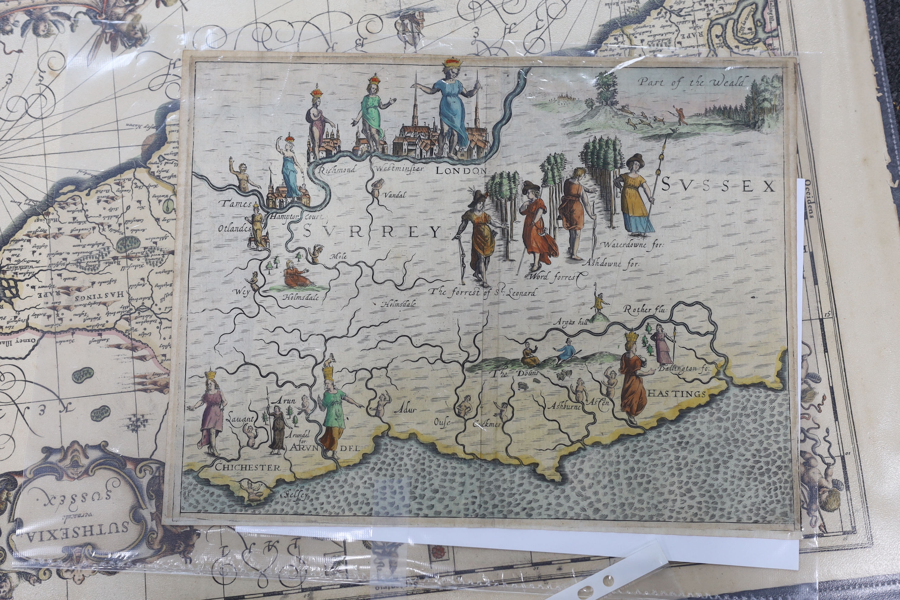 Three unframed 17th century maps of Sussex; a Pieter Van Den Keere map, 9 x 14cm, a Michael Drayton map, 26 x 34cm and a Valk & Schenk map, 37 x 54cm